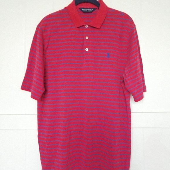 POLO GOLF by Ralph Lauren Shirt Pony Logo Men's Medium Pima Red Blue Stripe SS - Picture 1 of 8